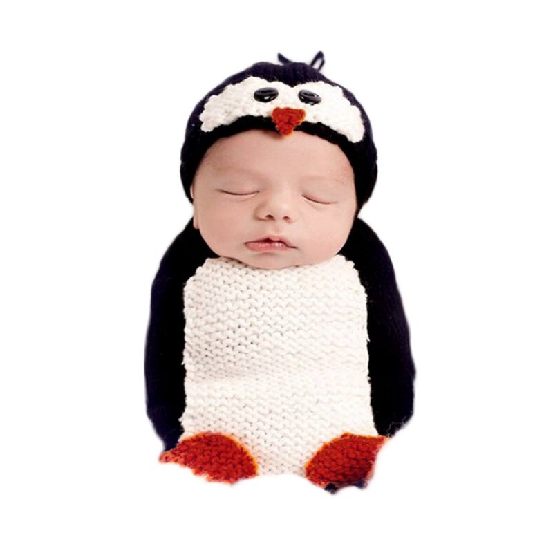 Vedory Fashion Newborn Baby Photography Props Boy Girls Photo Shoot Props Outfits Crochet Knitted Costume Unisex Cute Infant Hat Pants Set (Penguin sleeping bag) - Image 1